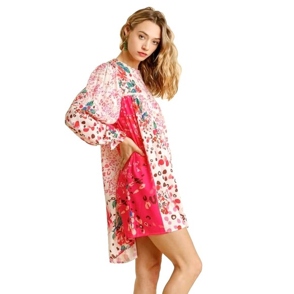 Umgee Babydoll Mixed Print Dress Sz M Pink Boho Feminine Artsy Vintage Inspired - Picture 5 of 15